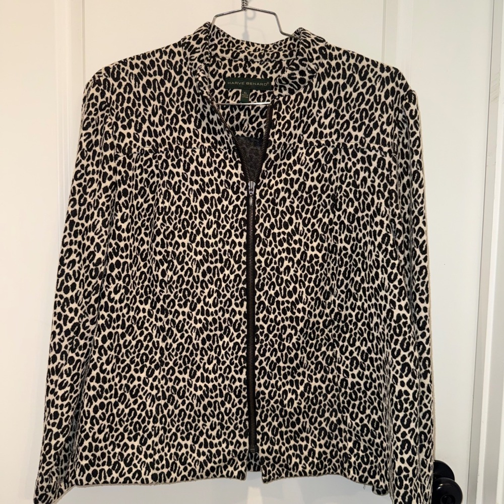 Harve Benard Leopard Print Zip Up Jacket Womens XL Black Cream Mock Neck Animal